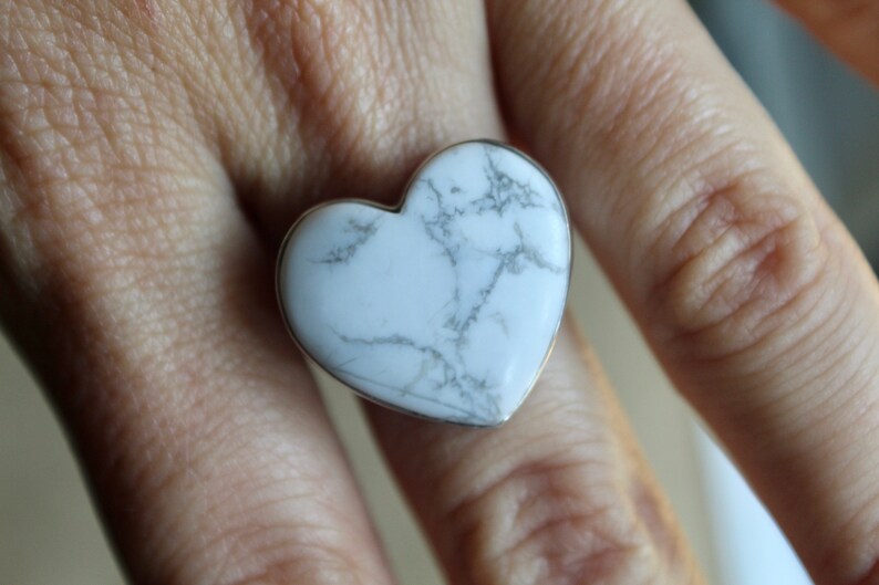 Gemstone Ring Awareness Stone White Turquoise Howlite Heart Howlite Ring Size 8.5 Sterling Silver Howlite Ring White Howlite Ring