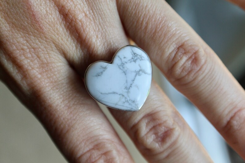 Gemstone Ring Awareness Stone White Turquoise Howlite Heart Howlite Ring Size 8.5 Sterling Silver Howlite Ring White Howlite Ring