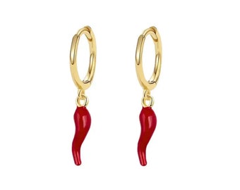 Boucles d'oreilles créoles cornicello rouges en or, amulette italienne, protection porte-bonheur