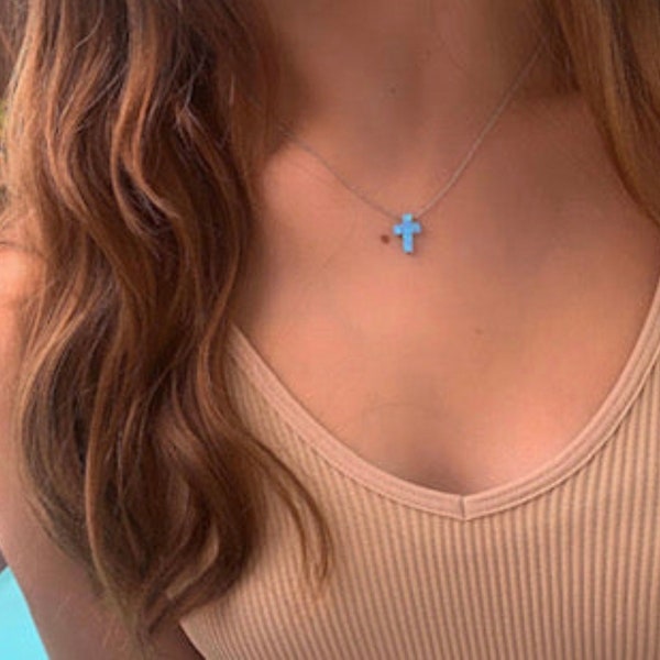 Chaîne de collier croix opale bleue en argent sterling pour Noël, confirmation de communion ou cadeau d'anniversaire