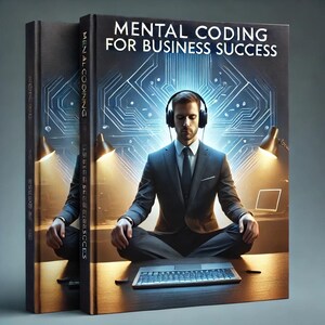 May include: A book cover with the title "Mental Coding for Business Success". The cover features a man in a suit meditating with headphones on, sitting in front of a laptop. The background is a blue and green circuit board pattern.