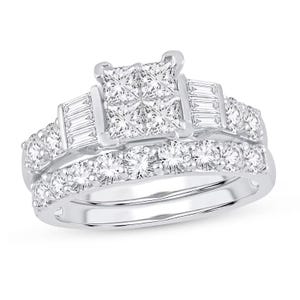 1910&#39;s Antique Edwardian 1 Ct Princess Cut Diamond Art Deco Bridal Set Vintage Style Engagement Ring Set in Sterling Silver Retro Bridal Set