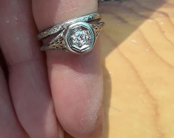 1890&#39;s Antique Edwardian Old European Cut Diamond Art Deco Bridal Set Vintage-Style Halo Engagement and Wedding Ring Set in Sterling Silver