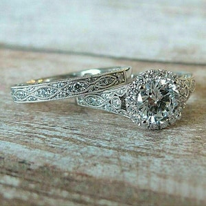 1890's Edwardian Old European Cut Diamond Art Deco Bridal Set Vintage Style Engagement Ring Set in Sterling Silver Retro Bridal Wedding Set