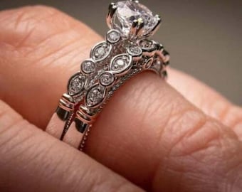 1890s Antique Edwardian 1 Ct Round Cut Diamond Art Deco Bridal Set Vintage Style Engagement Ring Set in 925 Sterling Silver Retro Bridal Set