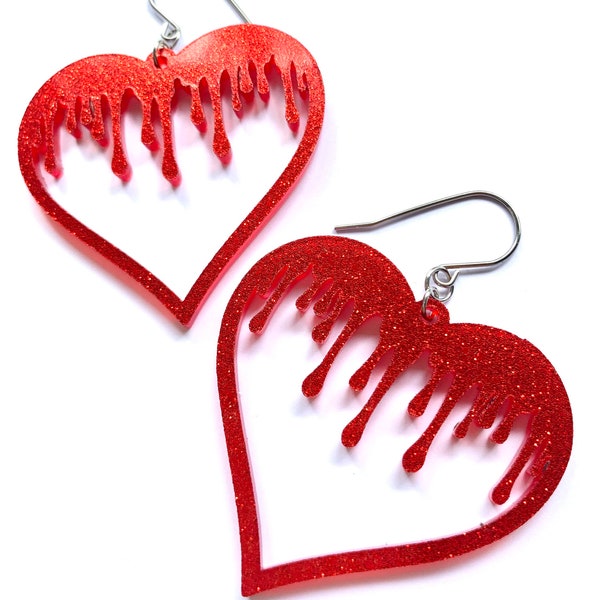 Gothic Punk Gore Blood Drip Bleeding Heart Surgical Steel Hook Earrings