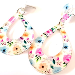 Retro Pinup Tear Drop Floral Flower Blossom Rose Acrylic Earrings