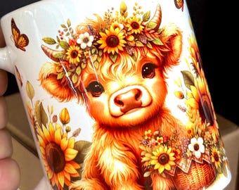 11oz Printed Floral Sun Flower Baby Highland Cow Calf Coffee Tea Mug Cup Ceramic