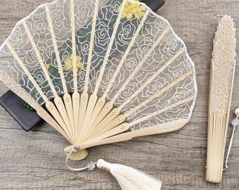 Rose embroidery Lace Fan,Bamboo Ribs Folding Fans with Tassel,Dancing hand Fan,Wedding Favor Bridal Party Bridesmaid Gift