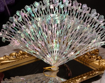 Carved Mother of Pearl Hand Fan: Floral Design, Elegant Wedding Accessory