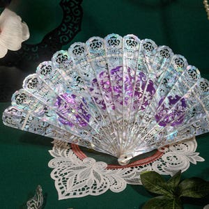 Luxury Purple Carved Floral Pattern Shell Fan,Antique Mother of Pearl Hand Fan,folding Wedding Fan,Best Gift For Her