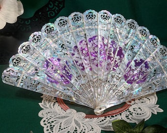 Purple Floral Carved Shell Fan: Antique Mother of Pearl Folding Fan