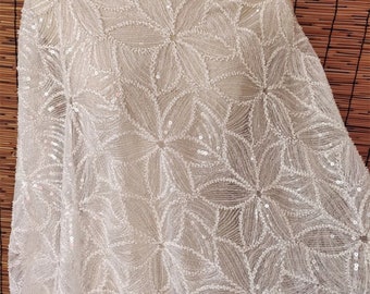 Luxury sequins Lace Fabric,Ivory Mesh flower Beads lace,Birdal Gown Couture Fabric,Wedding Dress Veil Fabric