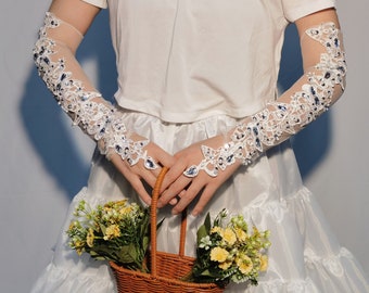 White Lace Gloves,Fingerless Crystal Gloves,Rhinestone Gloves,Long Lace Bridal Glove,Vintage Wedding Gloves