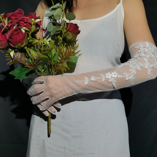 Ivory Lace Wedding Gloves,Tea Party Gloves,Long Sheer Gloves,Floral Gloves,Bridal Gloves,Wedding Gloves