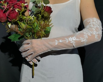 Ivory Lace Wedding Gloves,Tea Party Gloves,Long Sheer Gloves,Floral Gloves,Bridal Gloves,Wedding Gloves