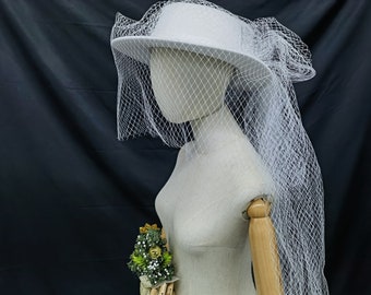 Wedding White hat with Veil,Wedding Veil,Long Bridal Veil,Vintage Hat,Wedding Hat,Bachelorette Party Veil