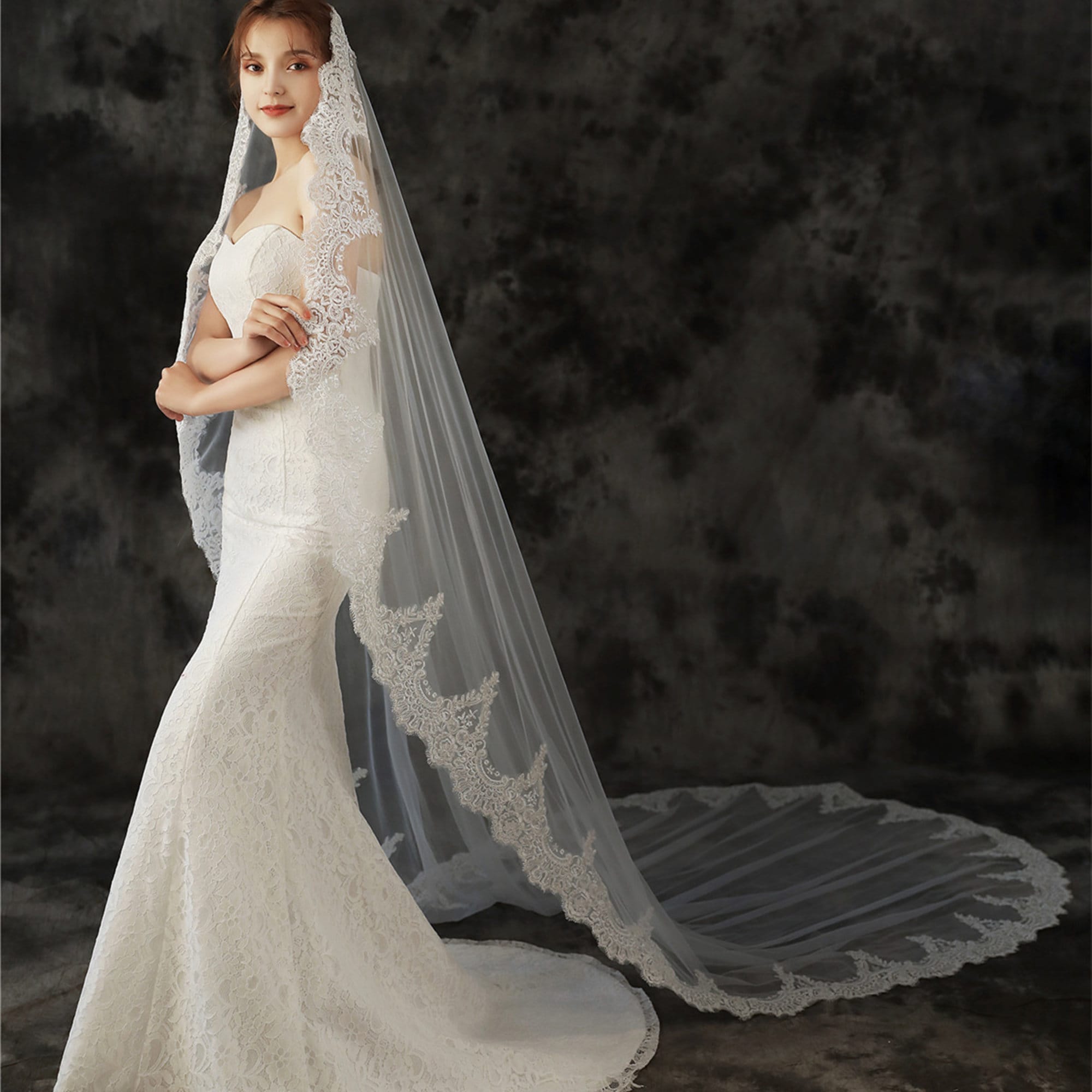 YAOLAN White Color Women Wedding Bridal Veils Appliques Lace Cathedral Veil  118X79 