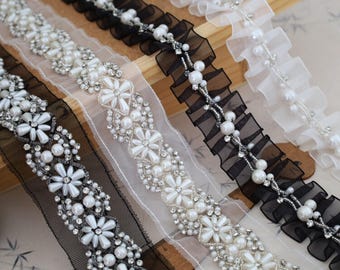 Handmade Rhinestone Pearl Lace Applique Piece for Wedding Gown Bodice,Belt,DIY Sewing
