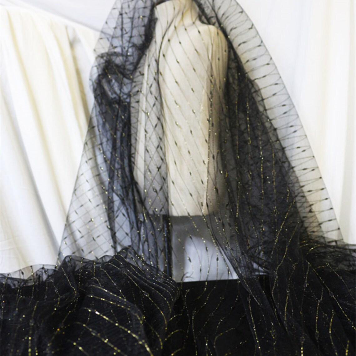 Black Mesh With Gold Threadbridal Lacefabricwedding - Etsy