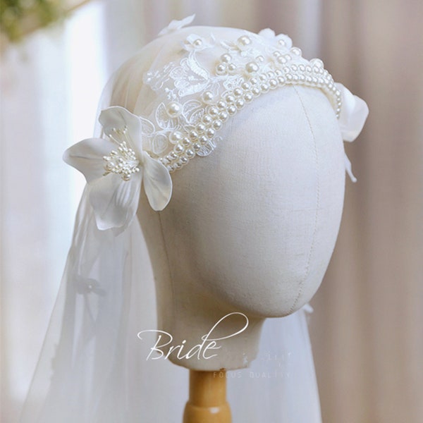 Pearl Veil,Juliet cap Veil,Ivory Elegant Veil,Chapel Wedding Veil,Wedding Veil,Party Veil