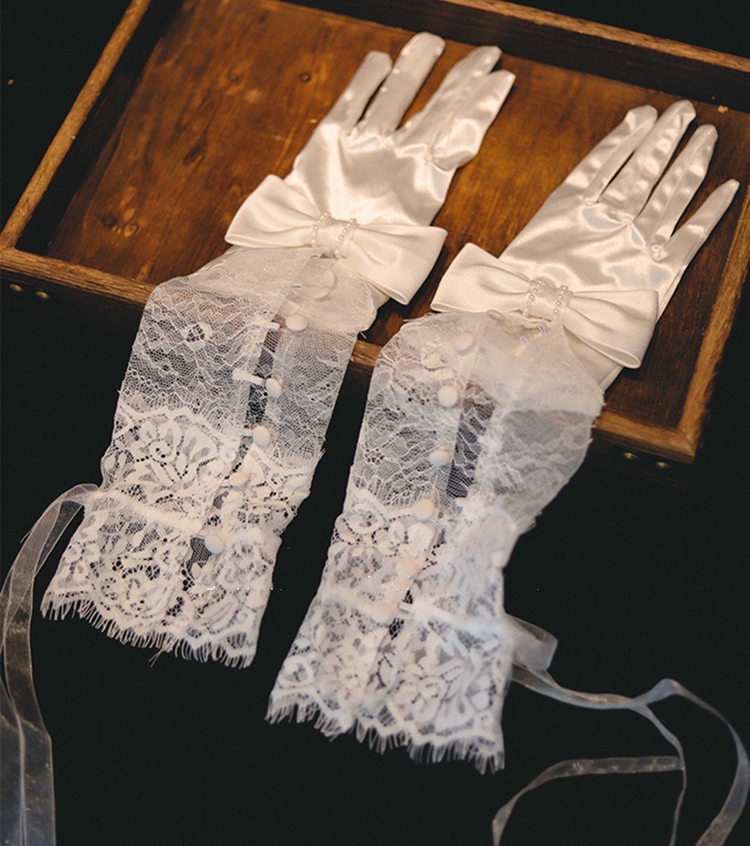White Lace Wedding Gloves,tea Party Gloves,bow Gloves,long Elegant