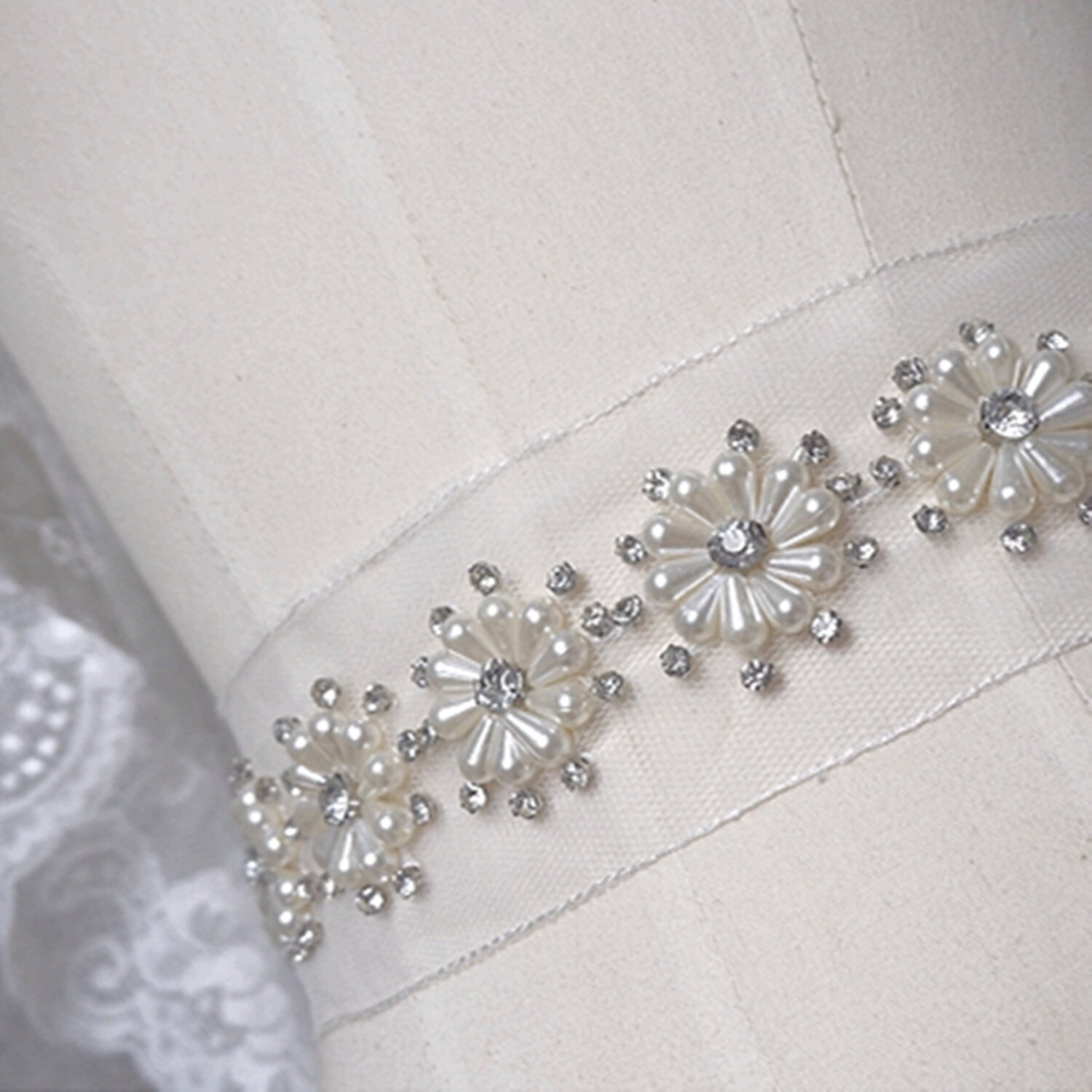 Handmade Pearl Crystal Wedding Belt Sash with Rhinestone, Lace-up Closure Pearl and opal wedding sash - Simple pearl and opal bridal  main image 2