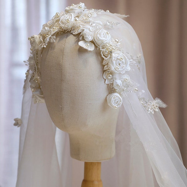 Pearls Veil,Ivory Simple Veil,Chapel Veil,Veil With Pearls Embroidery,Juliet cap style,Bridal Veil,Wedding Veil