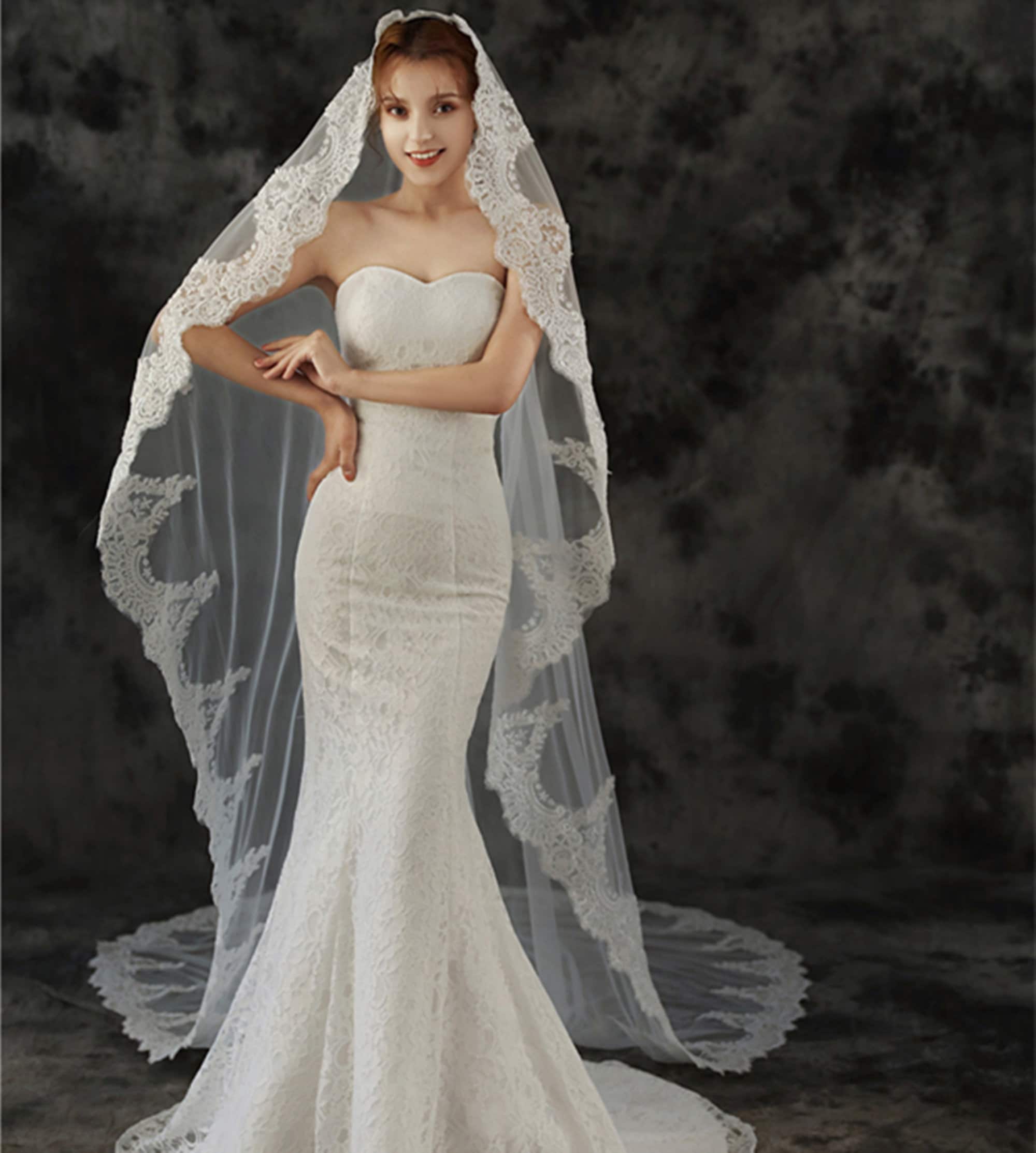 U-Hotmi Long Wedding Veil Lace Sequins Edge Cathedral Wedding Bridal Veil with Metal Comb, Ivory