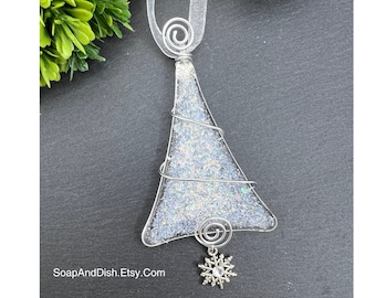 Handmade Fused Glass Christmas Ornament | "The Iceland" | Dichroic & Clear Glass Tree | Snowflake Charm with Swarovski Crystal | Glass Art