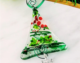 Holiday Berry Fused Glass Ornament, Clear, Red and Green Handmade Christmas Tree with Snowflake or 2026 Charm only at SoapAndDish.Etsy.com