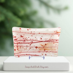 Handmade Fused Glass Soap Dish White & Red, Sponge Holder, Jewelry Tray, Bathroom or Kitchen Decor, Gift for Her, Free Shipping