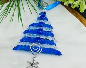 Handmade Fused Glass Christmas Ornament | Blue & Clear Glass Tree | Snowflake Charm | Hostess, Co-Worker or Gift Exchange | Glass Art
