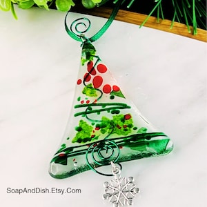 NEW! "Holiday Berry" Fused Glass Ornament, Clear, Red & Green Handmade Keepsake Christmas Tree Ornament, Snowflake Charm, Fused Glass Art