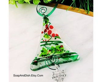 NEW! "Holiday Berry" Fused Glass Ornament, Clear, Red & Green Handmade Keepsake Christmas Tree Ornament, Snowflake Charm, Fused Glass Art