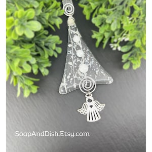 Fused Glass Christmas Tree Ornaments with Angel Charm,  Handmade with White and Clear Fused Glass Ornament only at SoapAndDish.Etsy.com