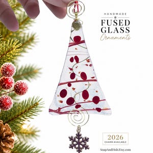 Handmade Fused Glass Christmas Tree Ornament, Clear Red Dots, Snowflake or 2026 Keepsake Charm