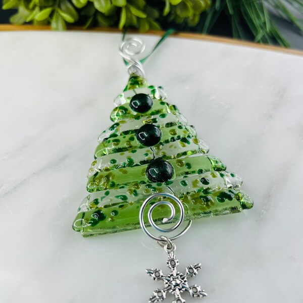 Fused Glass Christmas Ornament, Green & Clear Fused Glass Keepsake Christmas Tree Ornament, Snowflake or 2023 Charm, Gift Exchange