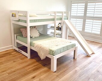 Harper Kids Bunk Bed with Slide & Built-In Shelving with Storage! Two twin beds perfect for Boys, Girls, Siblings Sharing a Room or Playroom