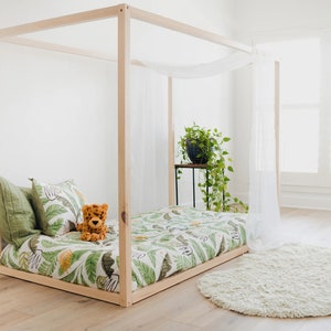 Asher- Canopy Floorbed Frames, Low Platform Bed For Children & Toddler Rooms, 4 Four Posters Montessori Bed