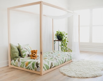 Asher- Canopy Floorbed Frames, Low Platform Bed For Children & Toddler Rooms, 4 Four Posters Montessori Bed