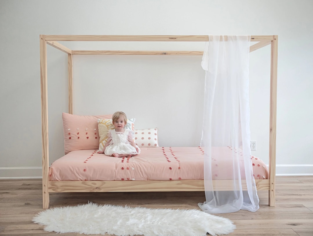 Everly 4 Poster Bed, Montessori Canopy Toddlers Bed Frame, Low Profile