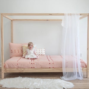 Everly- 4 Poster Bed, Montessori Canopy Toddlers Bed Frame, Low Profile Twin Bed Frame for Kids Bedroom