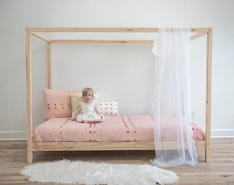 Everly- 4 Poster Bed, Montessori Canopy Toddlers Bed Frame, Low Profile Twin Bed Frame for Kids Bedroom