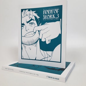 Pode incluir: Um livro azul-turquesa com o título "Body of Work 3" e o texto "The Art Collection of Jasdavi" e "Works from 2021 to 2024". A capa apresenta uma ilustração em preto e branco de um homem com barba e chifres.