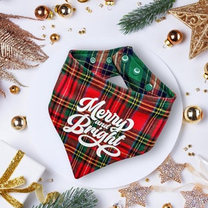 Merry and Bright Dog Bandana - Reversible Christmas Plaid pet bandana with snaps. Cozy vibes pet gift, dog stocking stuffer, merry & bright