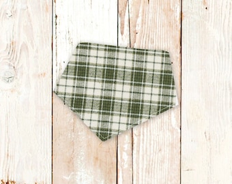 Fall Dog Bandana "Olive Plaid Flannel" - Personalized dog bandana with snaps. Autumn, Thanksgiving, Fall. Cozy vibes custom pet gift.