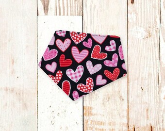 Valentine's Day Dog Bandana "Black V-Day Hearts" - Personalizable dog bandana with snaps. Machine washable, vday, red, love, pink, custom