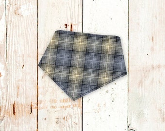 Fall Dog Bandana "Neutral Grey Plaid Flannel" - Personalized dog bandana with snaps. Autumn, Thanksgiving, Fall. Cozy vibes custom pet gift.