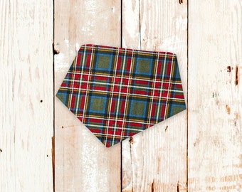 Fall Dog Bandana "Green Tartan Plaid Flannel" - Personalized dog bandana with snaps. Autumn, Christmas, Fall, Winter. Cozy vibes pet gift.